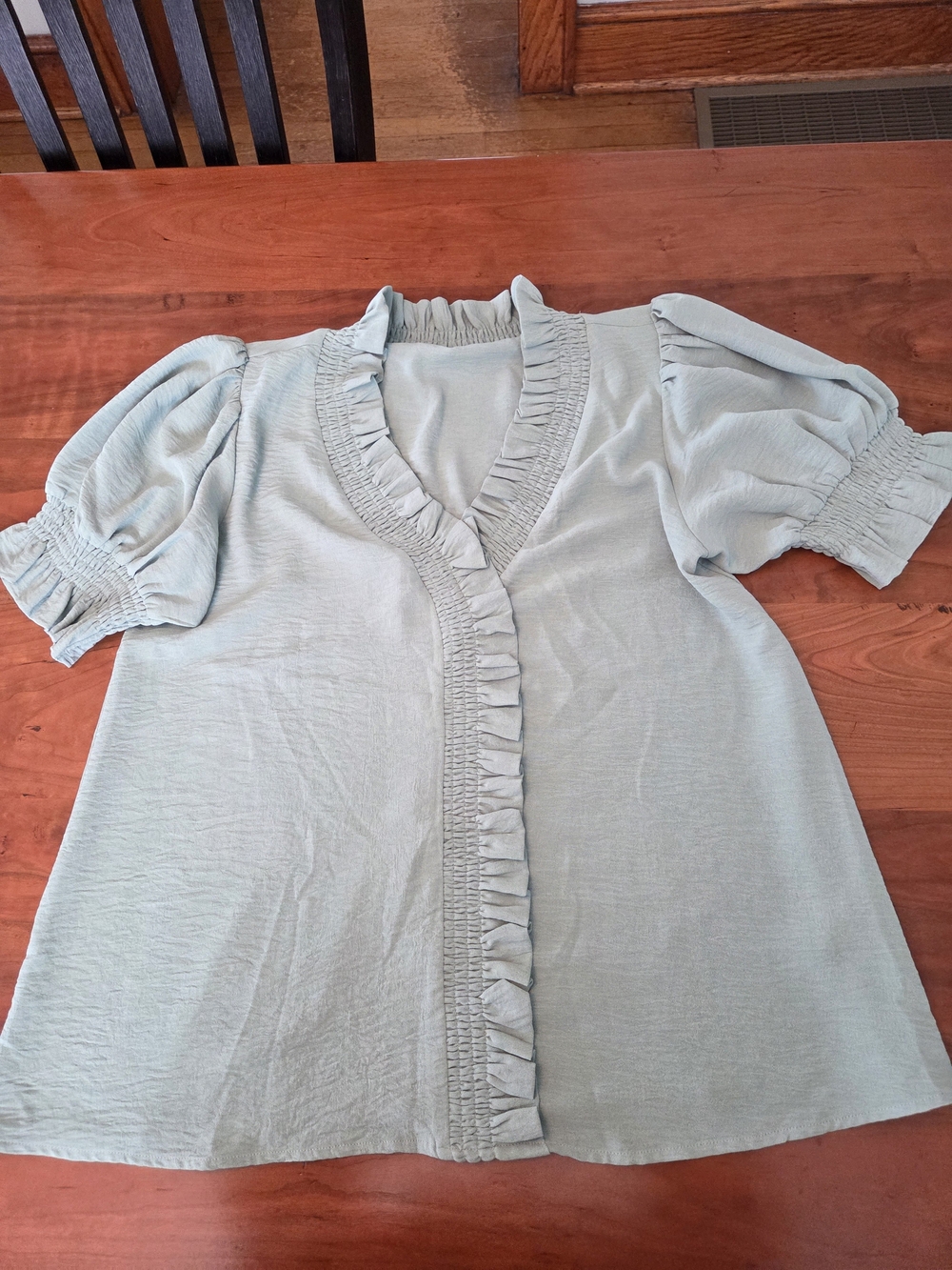 JODIFL Sage Green Ruffle-Front Puff Sleeve Blouse